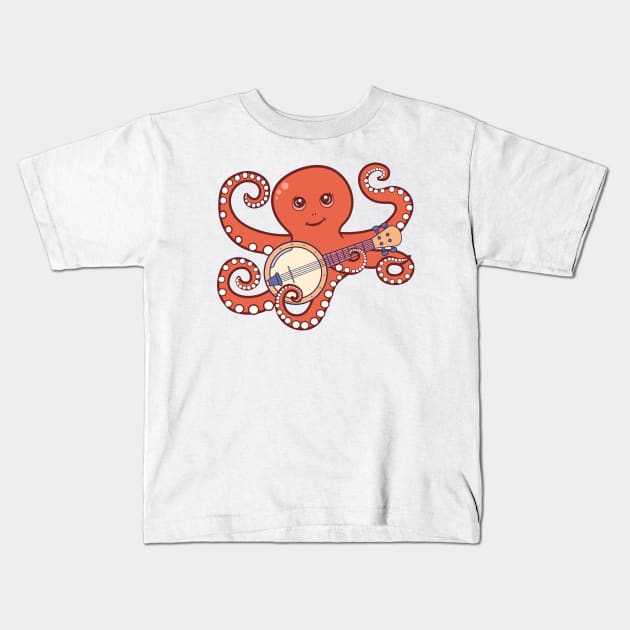 Adorable Octopus Playing Banjo Cartoon Kids T-Shirt by RayanPod